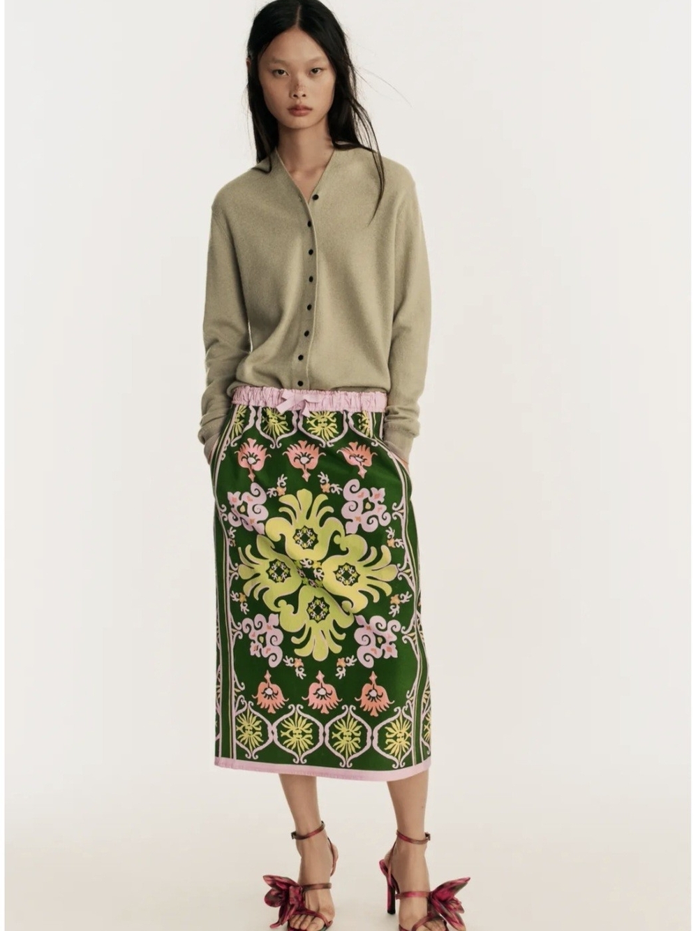 ZARA Limited Edition Printed Midi Skirt Green Pink Medallion Cotton Boho